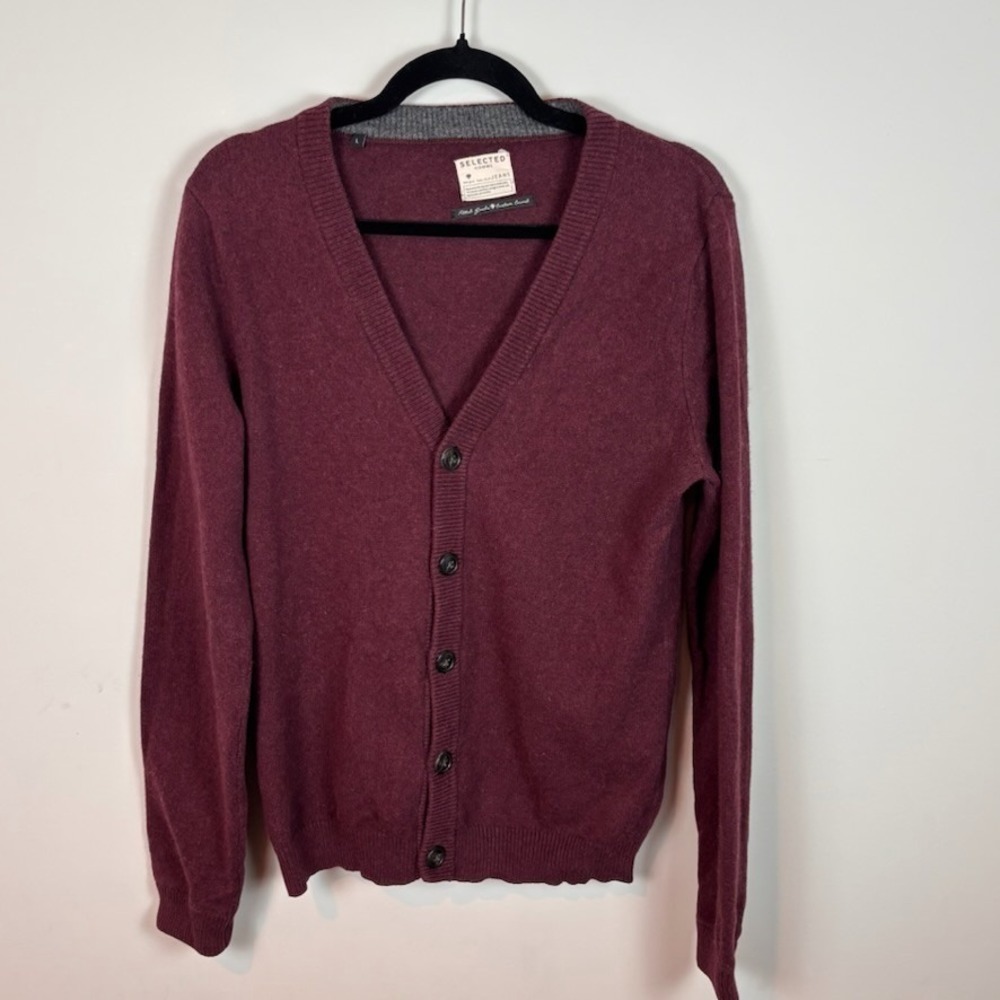 Selected homme Vito Granddad Cardigan‎ Marroon Mens SZ Large Cotton Wool Grunge